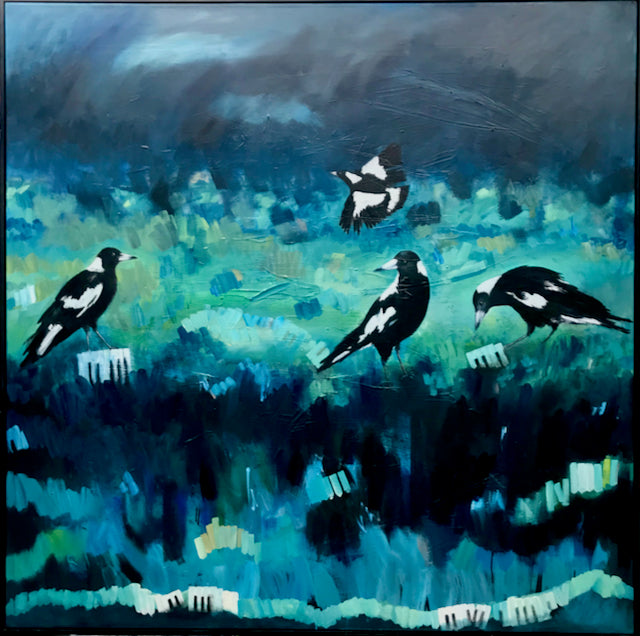 Magpies Musical Playground  150cms x 150cms     SOLD